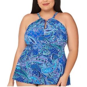 Trimshaper Plus Women's Blue Paisley Tankini Swimsuit Top Size 20 Worn Once